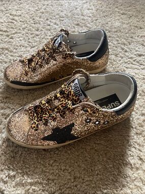 GoldenGoose Superstars Glitter Leopard Lace-Up Sneakers - Gold Leopard
